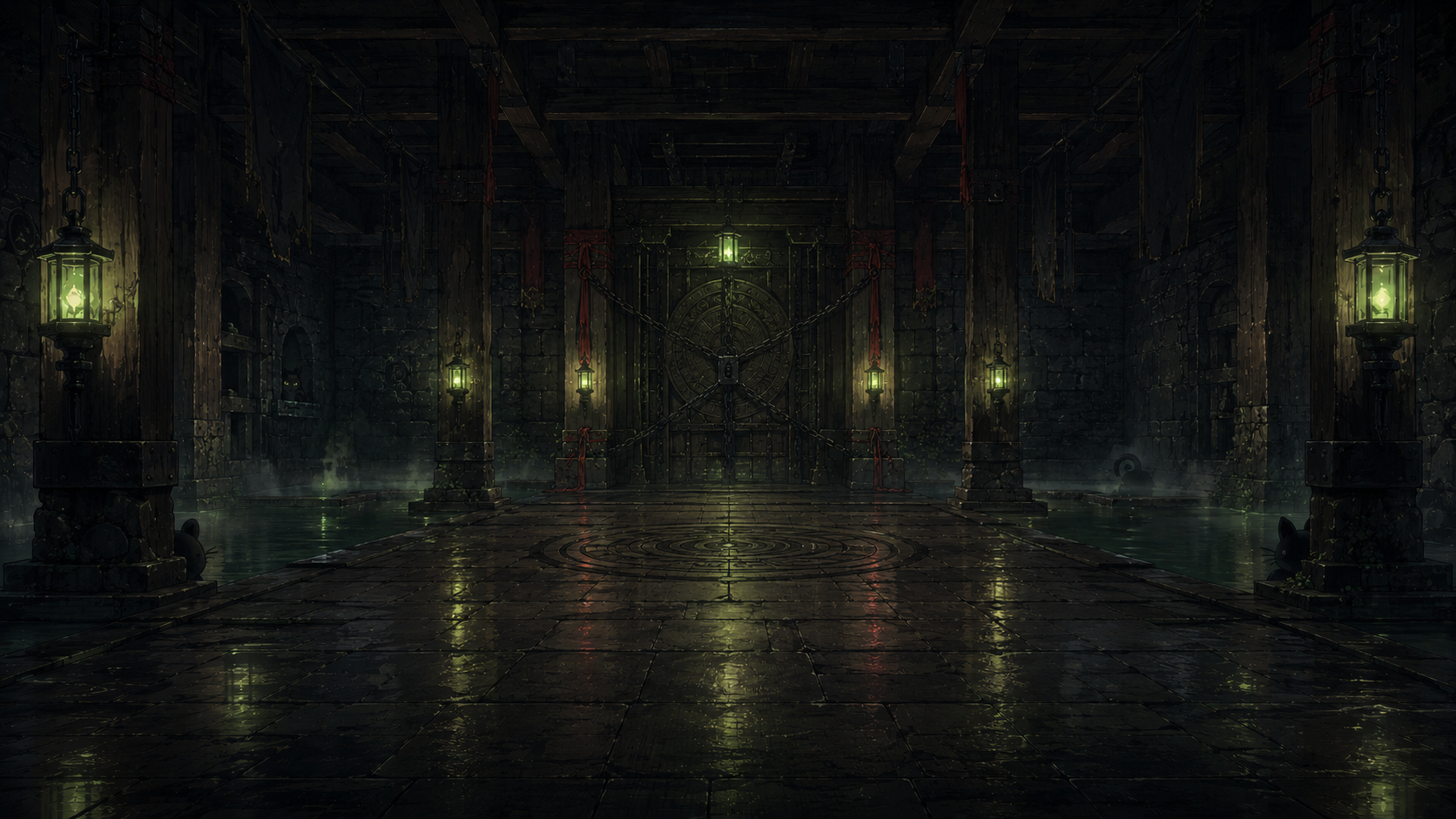 A sealed gate deep beneath the Dojo, with creatures hidden in the shadows